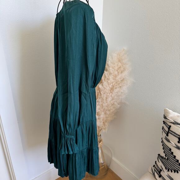 Boutique Forest Green Satin Long Ruffle Sleeve Tiered V- Neck Mini Dress - Picture 4 of 8